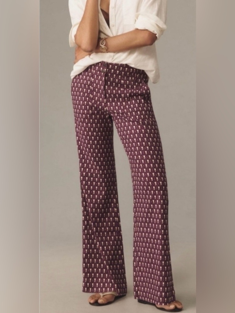 Anthropologie Maeve The Naomi Linen blend tulip print Wide-Leg Flare Pant size 2